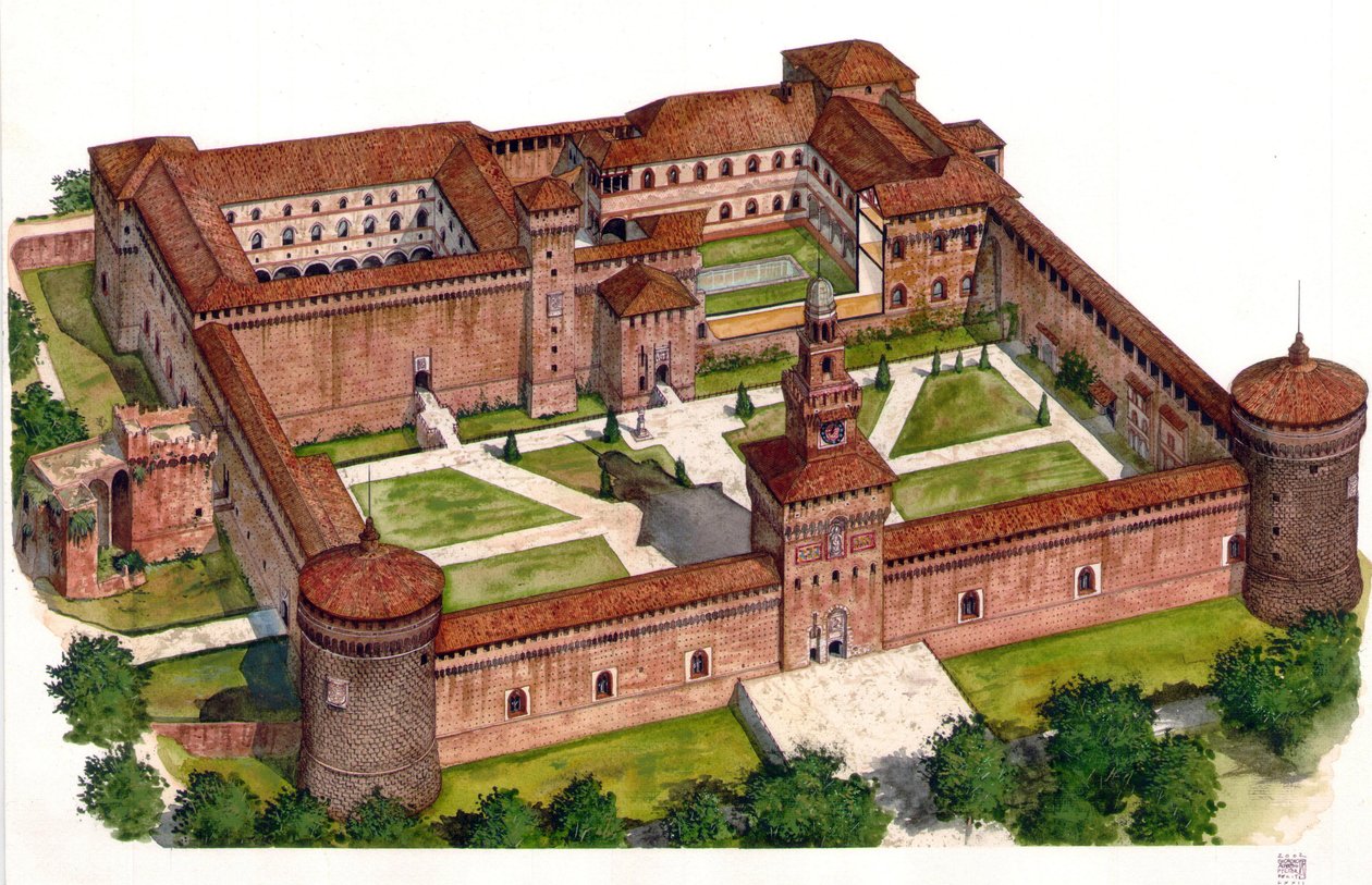 Przegląd zamku Sforzów (Castello Sforzesco) zbudowanego przez księcia Francesco Sforzę w XV wieku w Mediolanie we Włoszech. autorstwa Giorgio Albertini