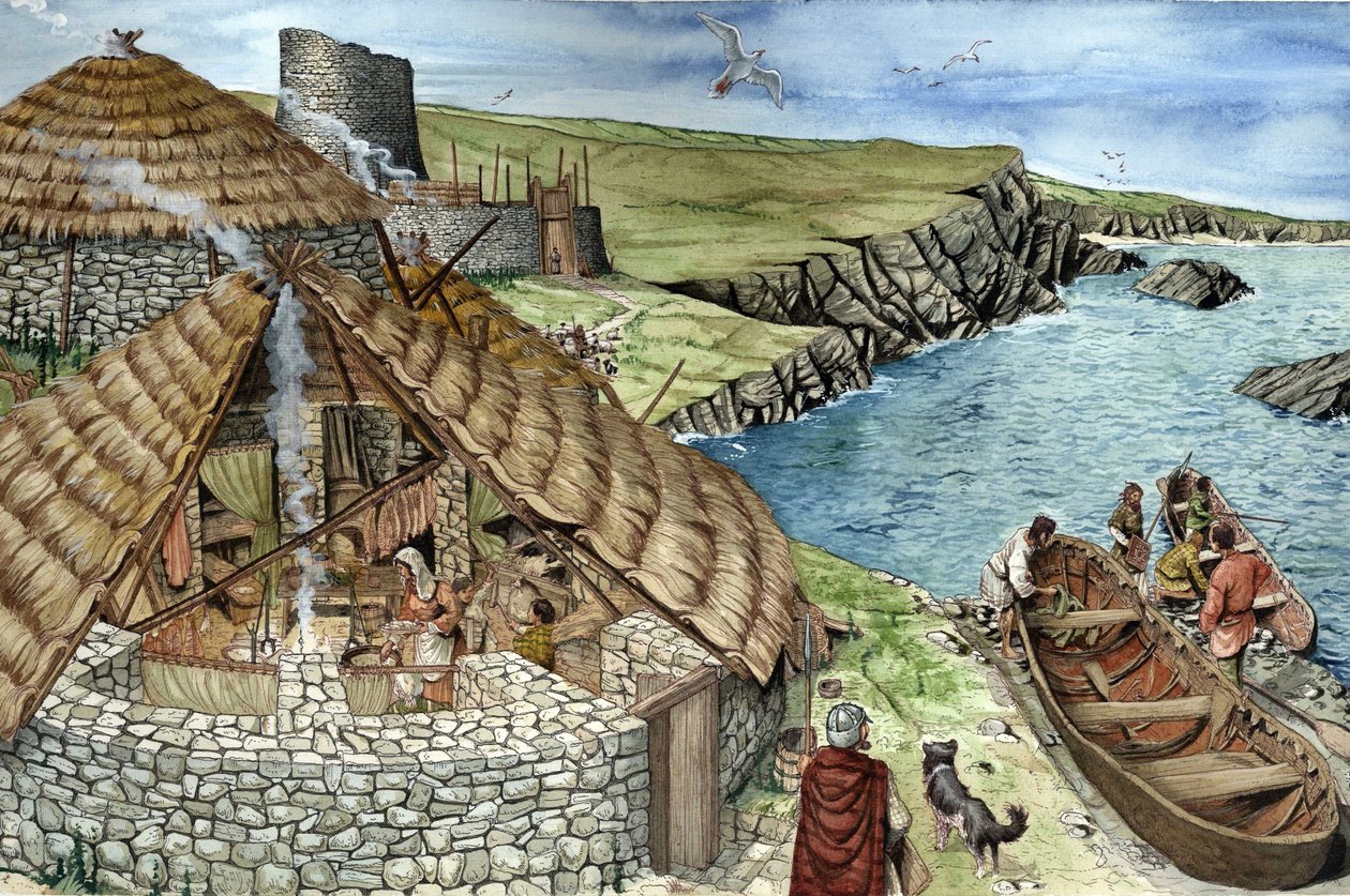 Prehistoria: rekonstrukcja życia codziennego w epoce żelaza, rodzina w brochu, ufortyfikowane mieszkanie zbudowane w Szkocji, prawdopodobny rodowód fortów, przedstawiony w sekcji, kobiety gotują, mężczyźni wypływają łodzią na polowanie i łowienie ryb. Ilus autorstwa Giorgio Albertini