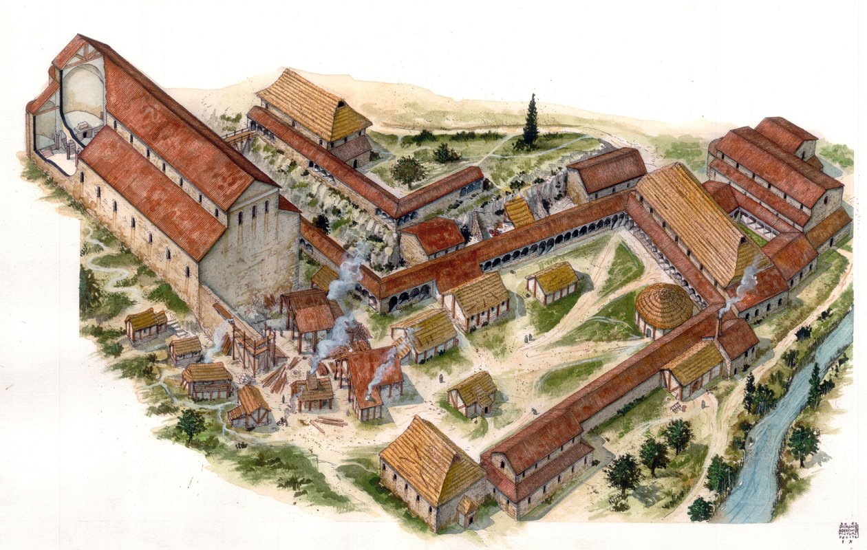 Sztuka preromańska: widok z lotu ptaka na klasztor benedyktyński św. Wincentego z Volturne (Abbadia di San Vincenzo al Volturno) założony w VIII wieku. Castel san Vincenzo, Włochy Ilustracja autorstwa Giorgio Albertini. (Wykorzystanie pracy tego autora autorstwa Giorgio Albertini