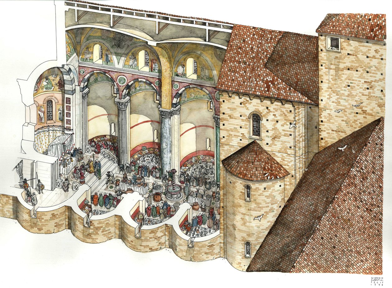 Jana na Lateranie (Saint John Laterano lub San Giovanni in Laterano) w VIII wieku: kielich architektoniczny pozwala zobaczyć triclinium i ceremonię inauguracji papieża. Rzym autorstwa Giorgio Albertini