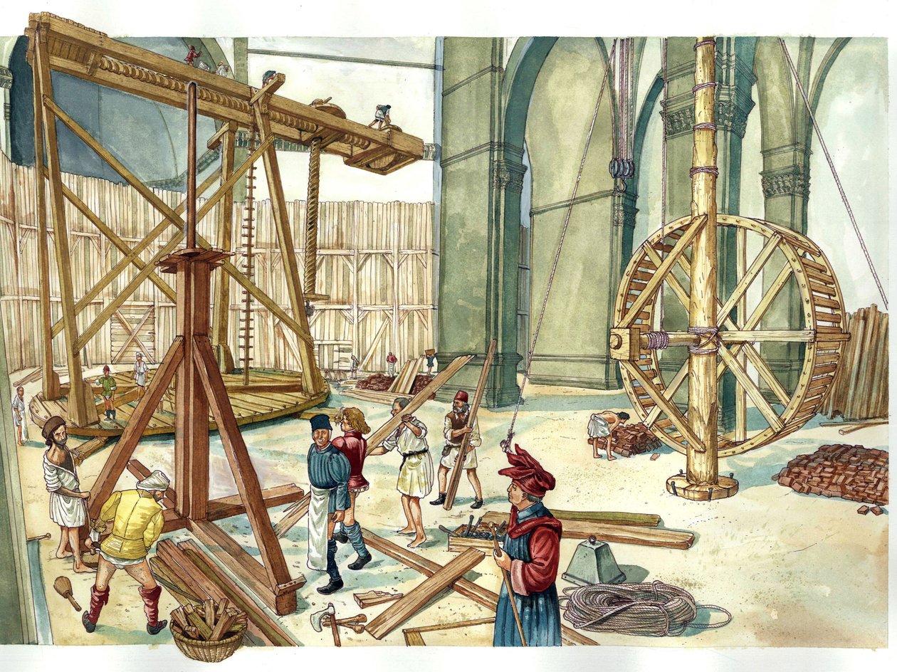 Renesans: rekonstrukcja miejsca budowy kopuły kościoła Santa Maria del Fiore (Duomo) na planach architekta Filippo Brunelleschiego. 1436. Florencja Włochy Ilustracja autorstwa Giorgio Albertini. (Wykorzystanie prac tego autora nie jest dozwolone. autorstwa Giorgio Albertini
