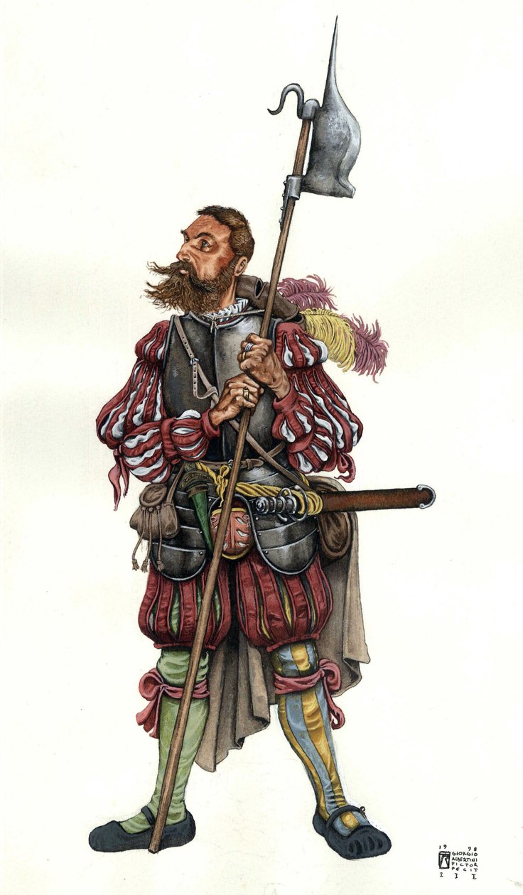 Przedstawienie Lansquenet (Lanzknecht), niemieckiego najemnika w służbie władcy. XVI wiek autorstwa Giorgio Albertini