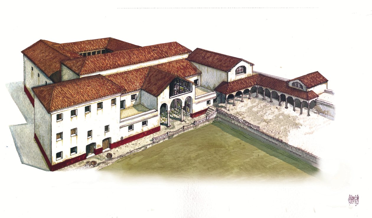 Roman Antiquite: rekonstrukcja miejsca domus portu morskiego (domus di porta marina) w Ostia antica (starożytna Ostia) w IV wieku, Włochy. autorstwa Giorgio Albertini