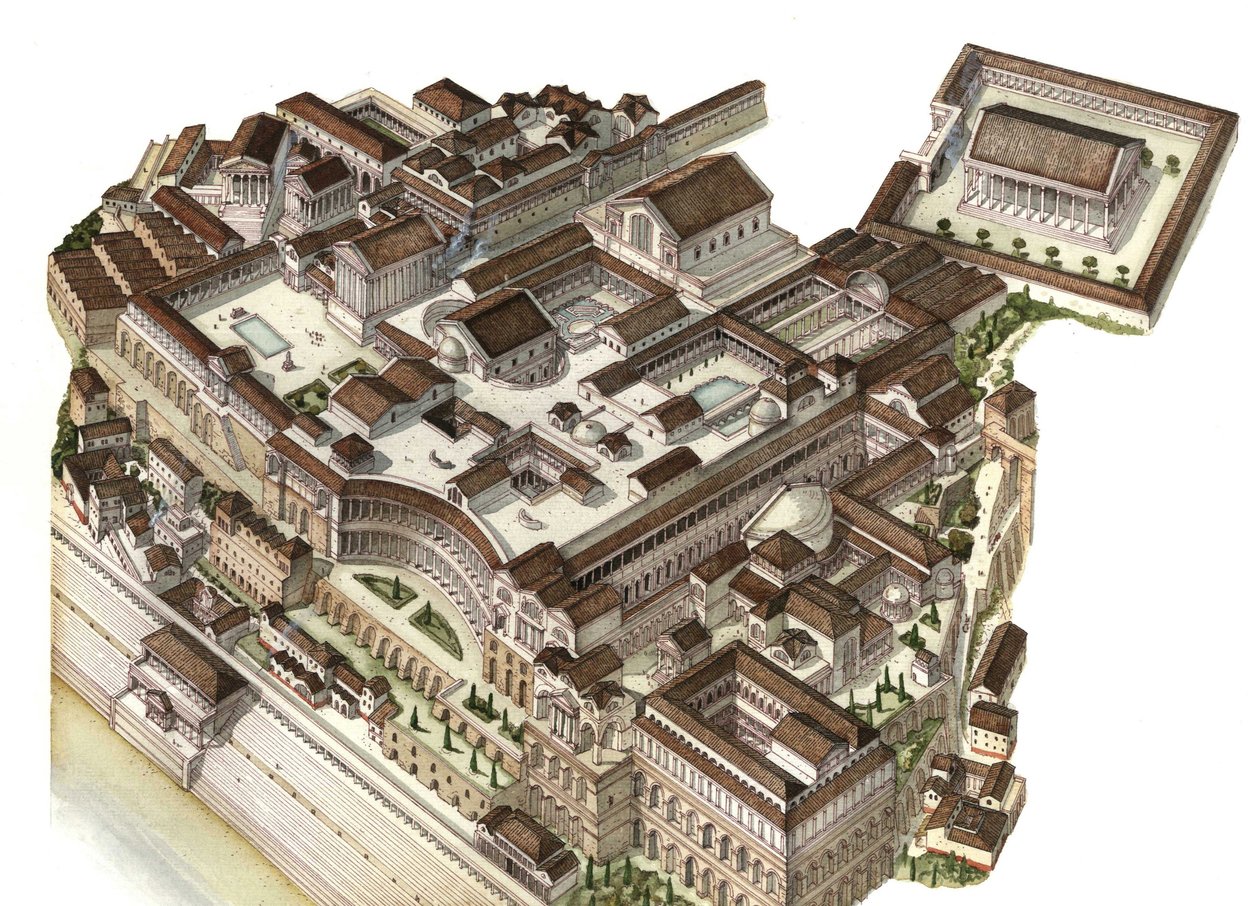 Rzymski antyk: rekonstrukcja góry Palatyn (Glue Palatino) w IV wieku, kolejni cesarze (August, Neron, Severe Septime) zbudowali swoje pałace. Rzym Włochy autorstwa Giorgio Albertini