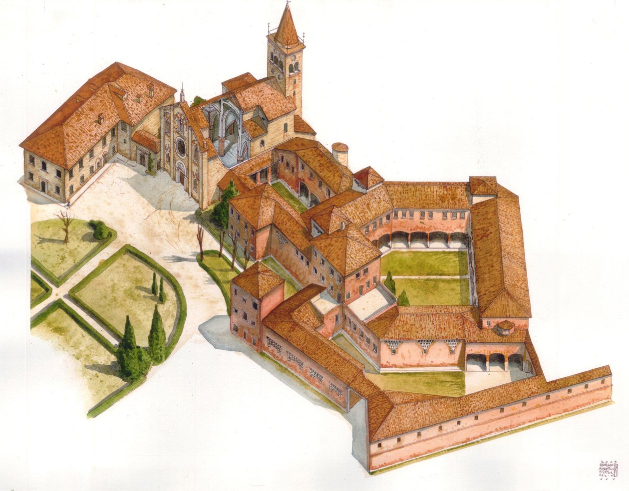 Sztuka romańska: widok z lotu ptaka na strukturę opactwa Viboldone zbudowanego w latach 1176-1348 w San Giuliano Milanese, niedaleko Mediolanu, Włochy Ilustracja autorstwa Giorgio Albertini. (Wykorzystanie dzieł tego autora nie jest przedmiotem wniosku o z autorstwa Giorgio Albertini