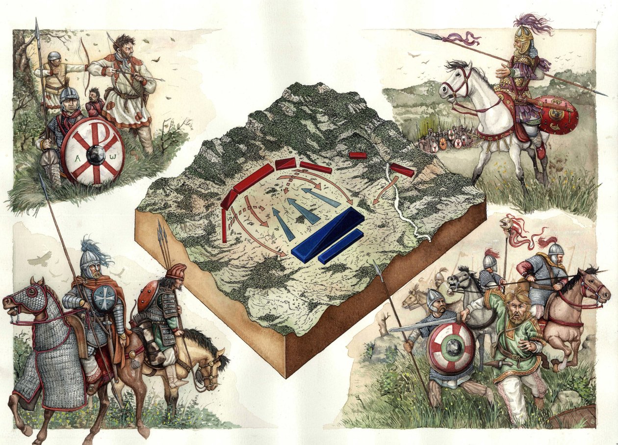 Wojna Gotów (535-553) między Bizantyjczykami a Ostrogotami: bitwa pod Taginae w lipcu 552 r., która pozwoliła Bizantyjczykom Justyniana na marsz na Rzym z Rawenny. autorstwa Giorgio Albertini