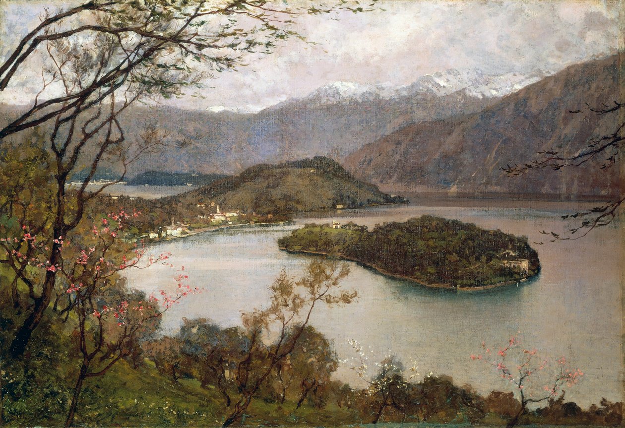 Widok na wyspę Comacina, jezioro Como, Giorgio Belloni (1861-1944), olej na płótnie, 69,5x100 cm autorstwa Giorgio Belloni