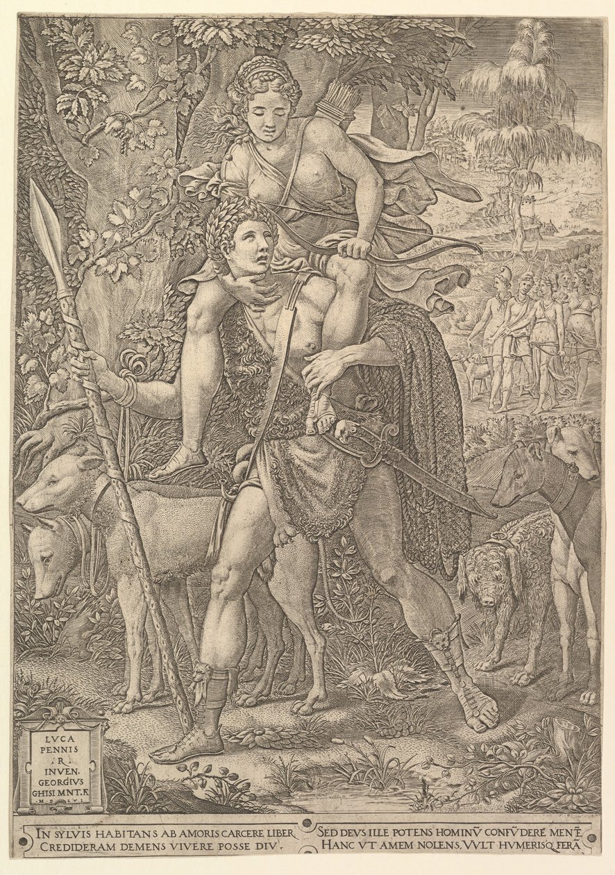 Alegoria łowów, myśliwy trzymający dużą włócznię, niosący na swoim siodle kobietę Dianę..., 1556. autorstwa Giorgio Ghisi
