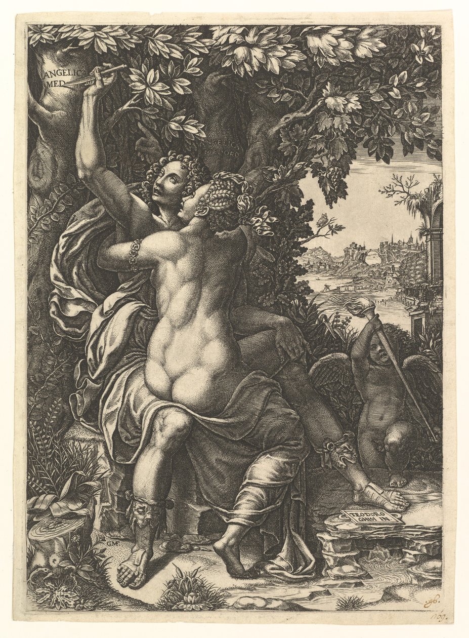 Angelica i Medoro, para obejmująca się, Medoro rzeźbi swoje imiona w korze..., ok. godz. 1570. autorstwa Giorgio Ghisi