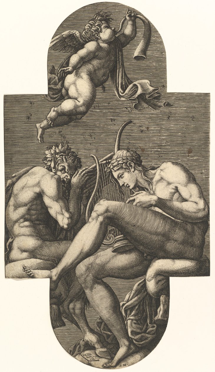 Apollo, Pan i putto dmące w róg, z serii ośmiu kompozycji po Francji..., lata 60. XVI wieku. autorstwa Giorgio Ghisi