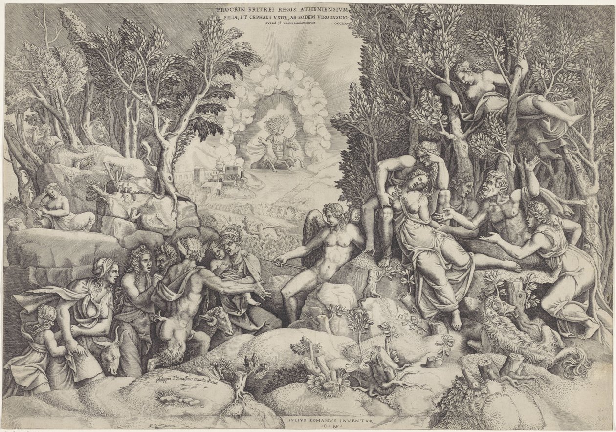 Cephalus en de Bosgoden między dood van Procris Procrinus króla Aten / Córka i żona Kefalosa, przez tego samego męża nieświadomie (tytuł na obiekcie) autorstwa Giorgio Ghisi