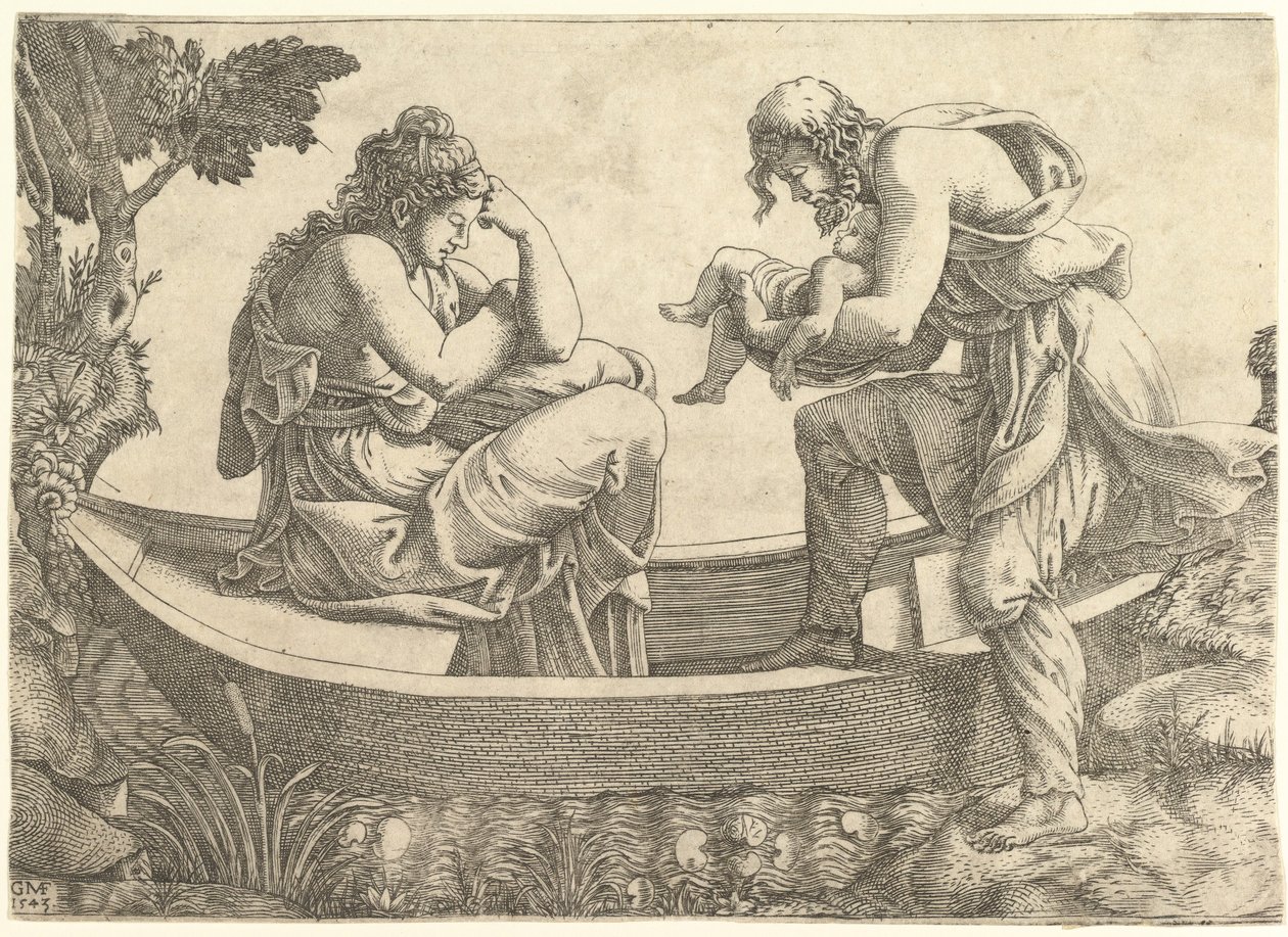 Danae i niemowlę Perseusz wyrzuceni na morze przez Akrisiusa, 1543. autorstwa Giorgio Ghisi