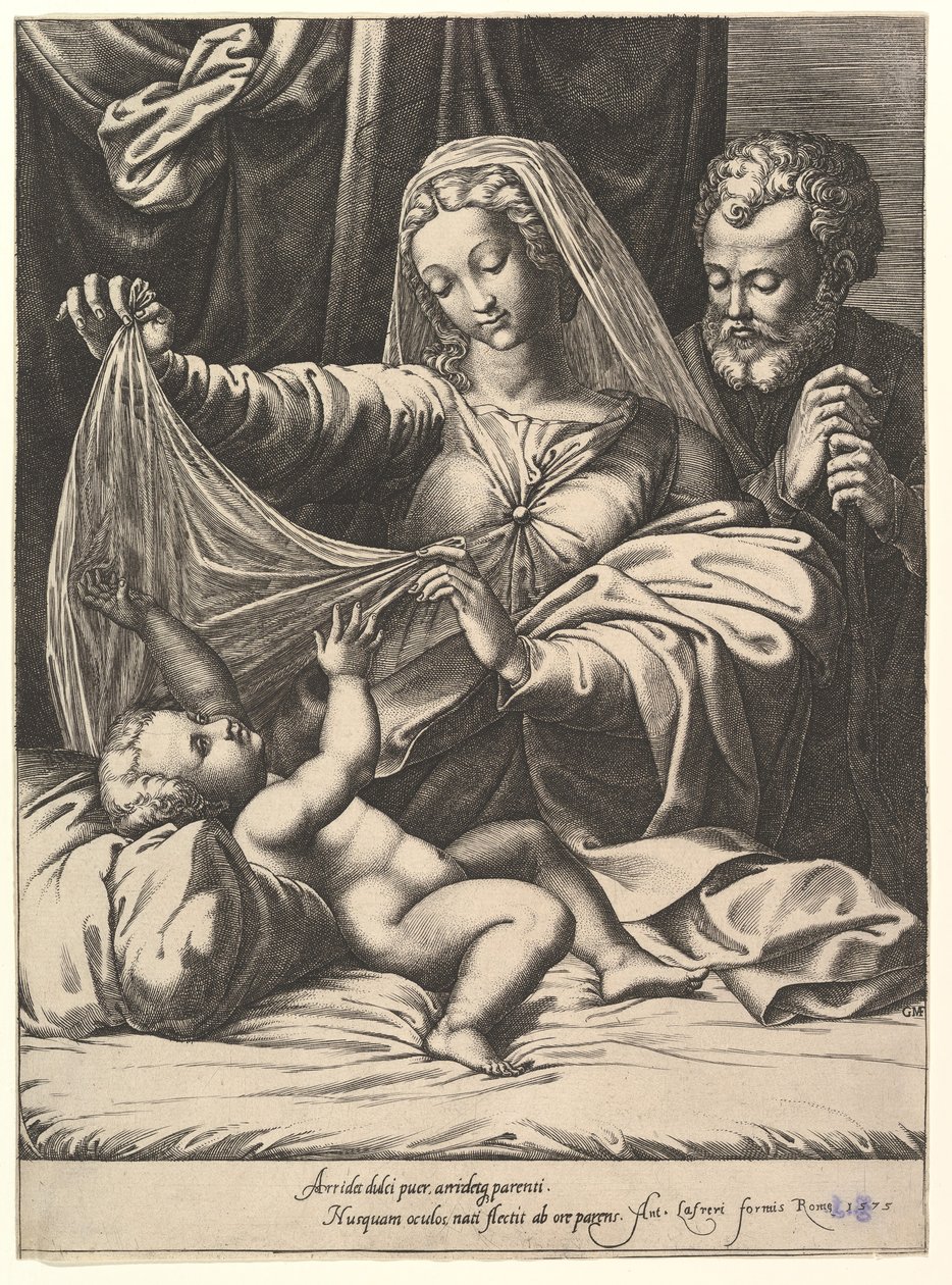 Madonna z Loreto, Dziewica podnosi zasłonę nad Dzieciątkiem, które leży na łóżku i poduszce..., 1575. autorstwa Giorgio Ghisi