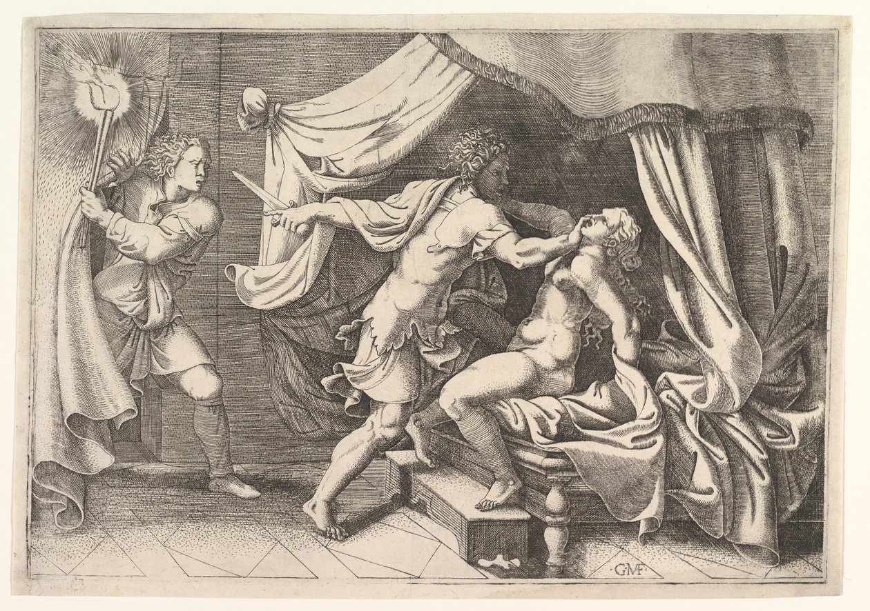 Tarquin atakujący Lukrecję, sługę po lewej będącą świadkiem sceny, ok. godz. 1540. autorstwa Giorgio Ghisi