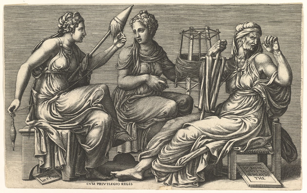 Trzy losy Clotho, Lachesis i Atropos, 1558-59. autorstwa Giorgio Ghisi