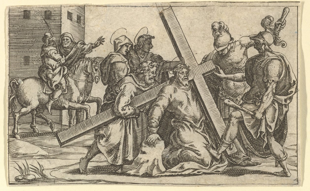 Matka Boska Bolesna: Chrystus niosący krzyż, jeden z dziewięciu okolicznych przedziałów f..., do 1575 r. autorstwa Giorgio Ghisi