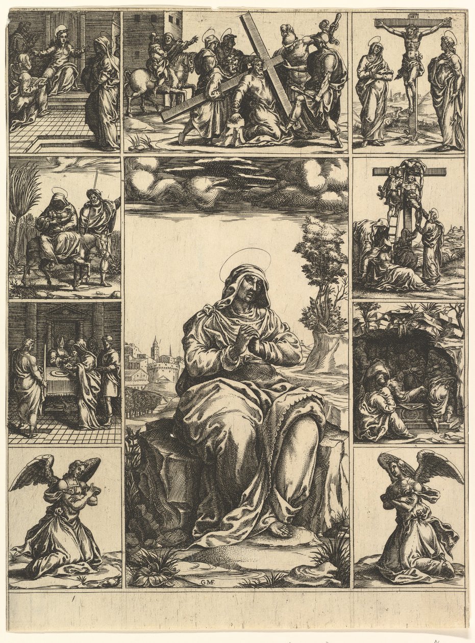 Matka Boska Bolesna, obraz Matki Boskiej otoczony dziewięcioma winietami przedstawia..., ok. godz. 1575. autorstwa Giorgio Ghisi