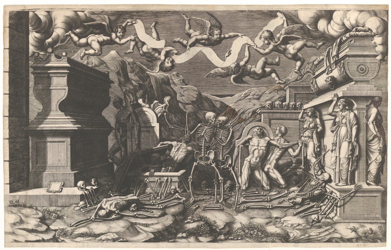 Wizja Ezechiela, grupa zwłok i szkieletów wyłaniających się z grobów, nad nimi ..., 1554. autorstwa Giorgio Ghisi