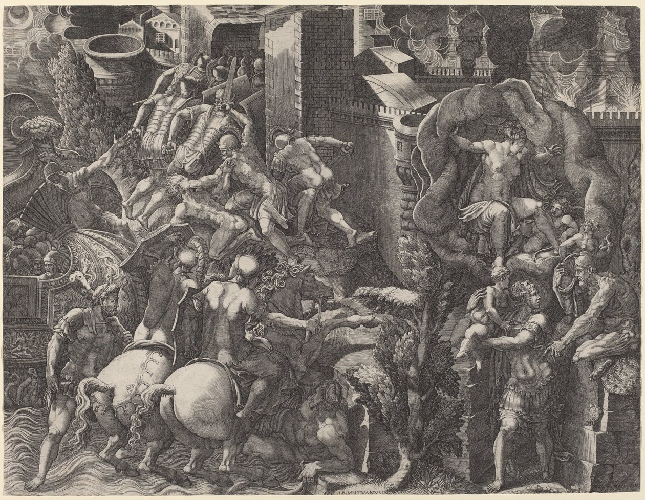 Upadek Troi i ucieczka Eneasza autorstwa Giorgio Ghisi after Giovanni Battista Scultori