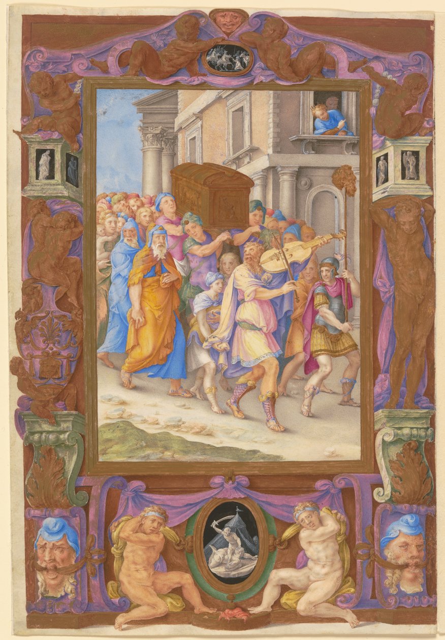 Król Dawid tańczący przed Arką Przymierza, w ozdobnej ramce, ok. 1540 r. (akwarela i farba do ciała na pergaminie) autorstwa Giorgio Giulio Clovio
