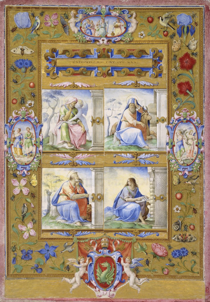 Czterej ewangeliści, w granicach kwiatów, ptaków i owadów, 1572 autorstwa Giorgio Giulio Clovio