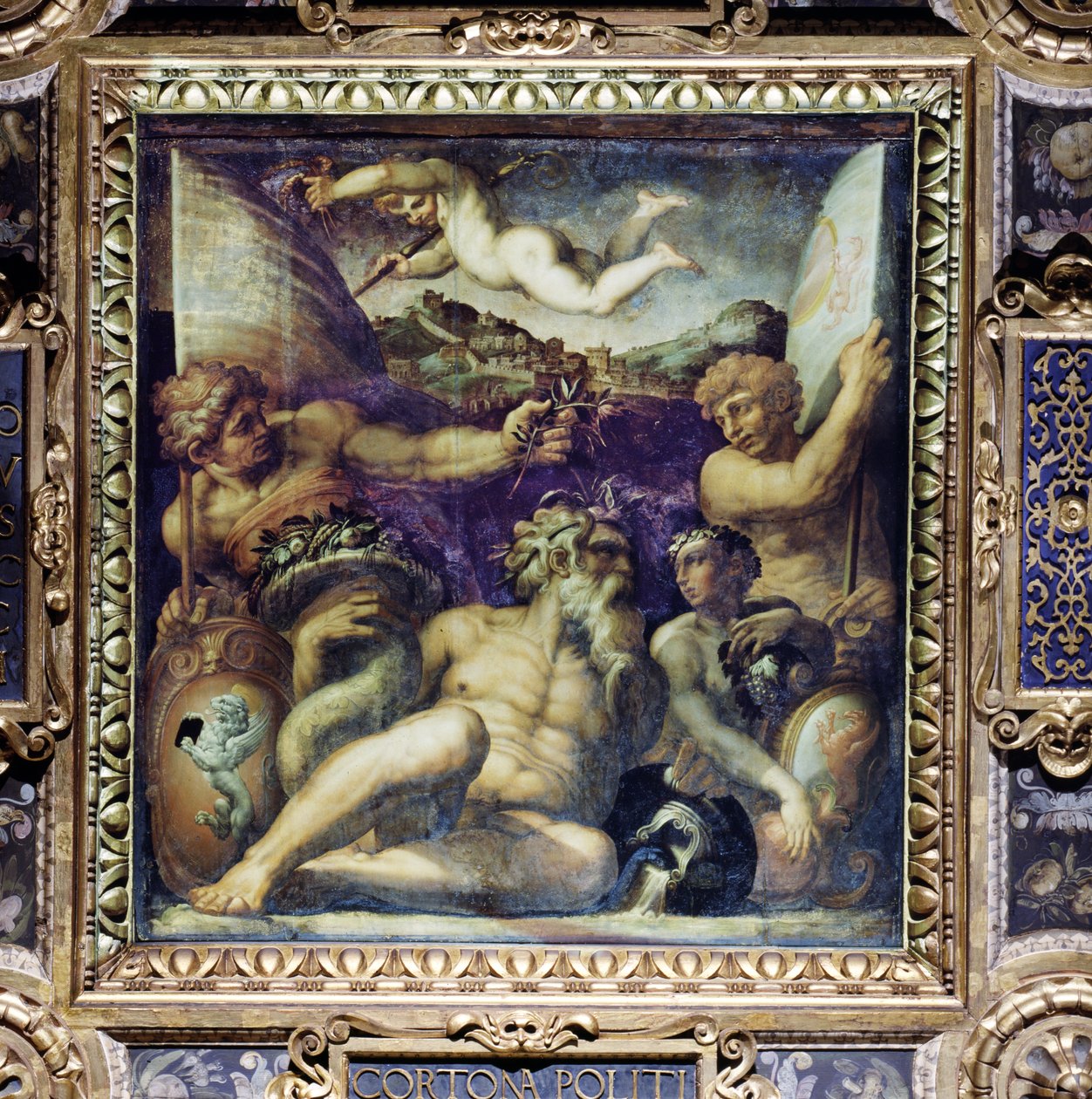 Alegoria regionów Cortona i Montepulciano z sufitu Salone dei Cinquecento, 1565 (panel) autorstwa Giorgio Vasari