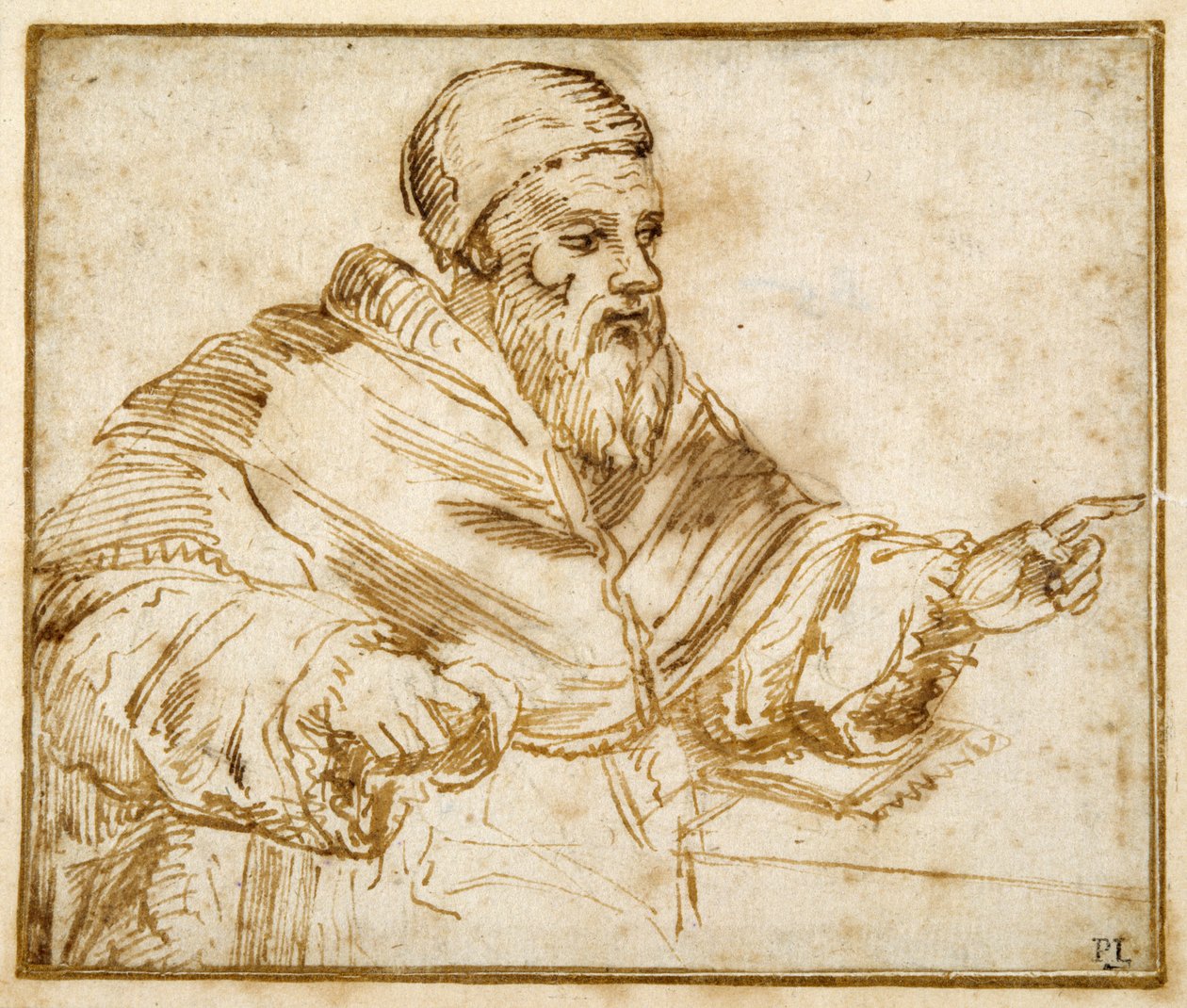 Klemens VII siedzący przy stole (pióro i atrament na papierze) autorstwa Giorgio Vasari