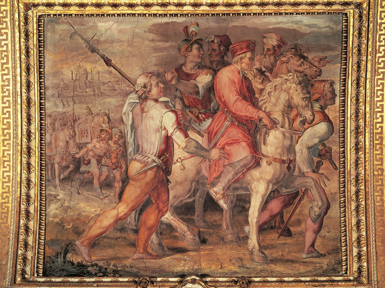 Cosimo I wyjeżdżający na wygnanie, fresk Giorgio Vasari (1511-1574). Salone dei Cinquecento (Sala Pięciuset), Palazzo Vecchio, Florencja. Włochy autorstwa Giorgio Vasari