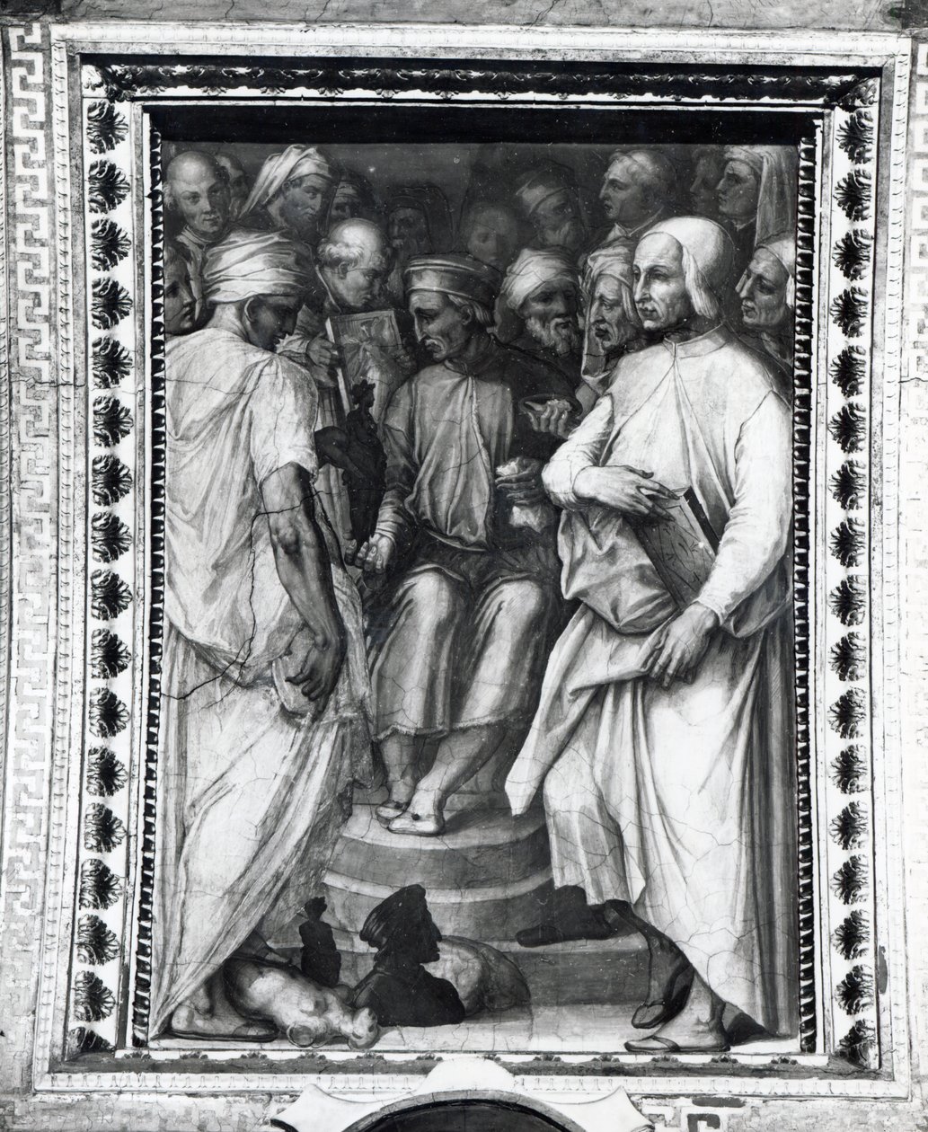Cosimo de Medici siedzący wśród filozofów i artystów w Sala di Cosimo il Vecchio autorstwa Giorgio Vasari