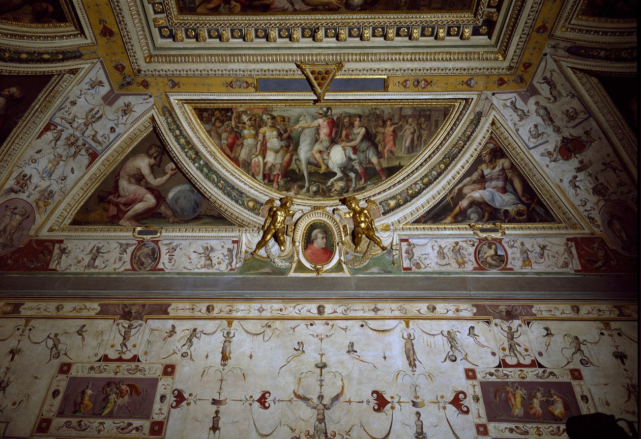 Szczegół sali Lorenzo il Magnifico przedstawiający bitwę pod Sarzaną (fresk autorstwa Giorgio Vasari