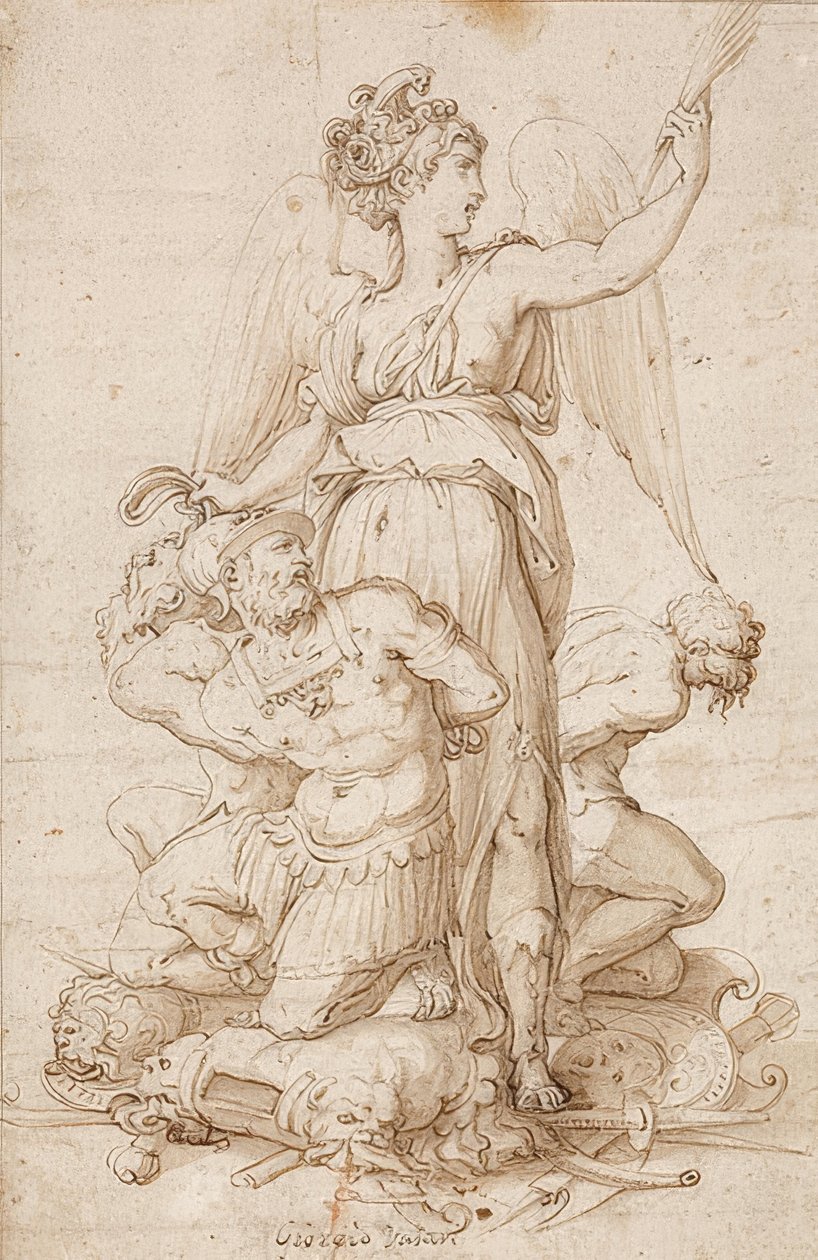 Skrzydlata Wiktoria z gałązką palmową i trzema więźniami klęczącymi na trofeach. Około 1540 autorstwa Giorgio Vasari