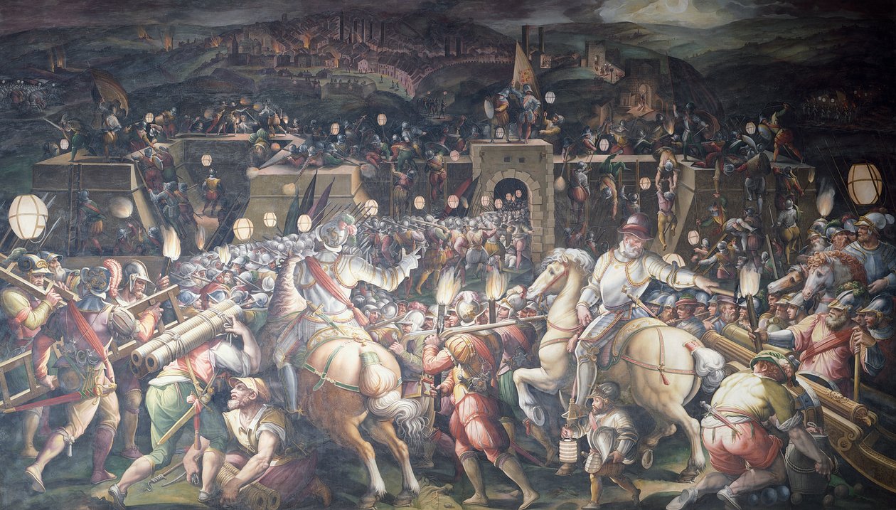Włochy, Florencja, Palazzo Vecchio (Stary Pałac), Salone dei Cinquecento, Zdobycie fortu w pobliżu Port Camollia w Sienie autorstwa Giorgio Vasari
