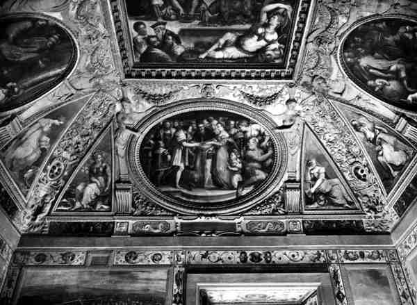 Papież Klemens VII (1478-1534) żeni się z Katarzyną Medyceuszy (1519-1589) z Henrykiem II z Francji (1519-59), z Sala di Clemente VII autorstwa Giorgio Vasari