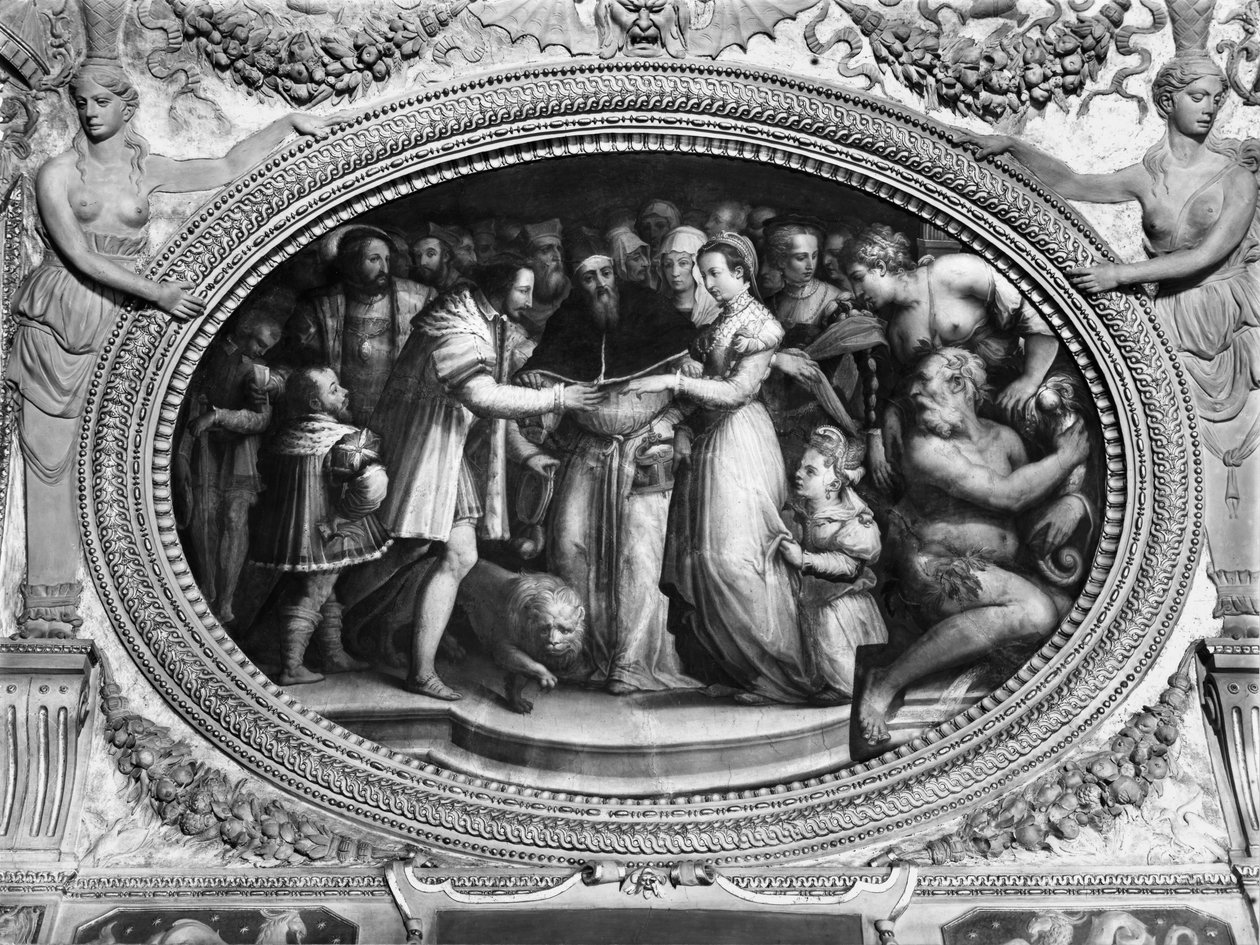 Papież Klemens VII (1478-1534) poślubia Katarzynę Medyceuszy (1519-1589) i Henryka II z Francji (1519-59) 28 października 1533, z Sala di Clemente VII (patrz także 135388) autorstwa Giorgio Vasari