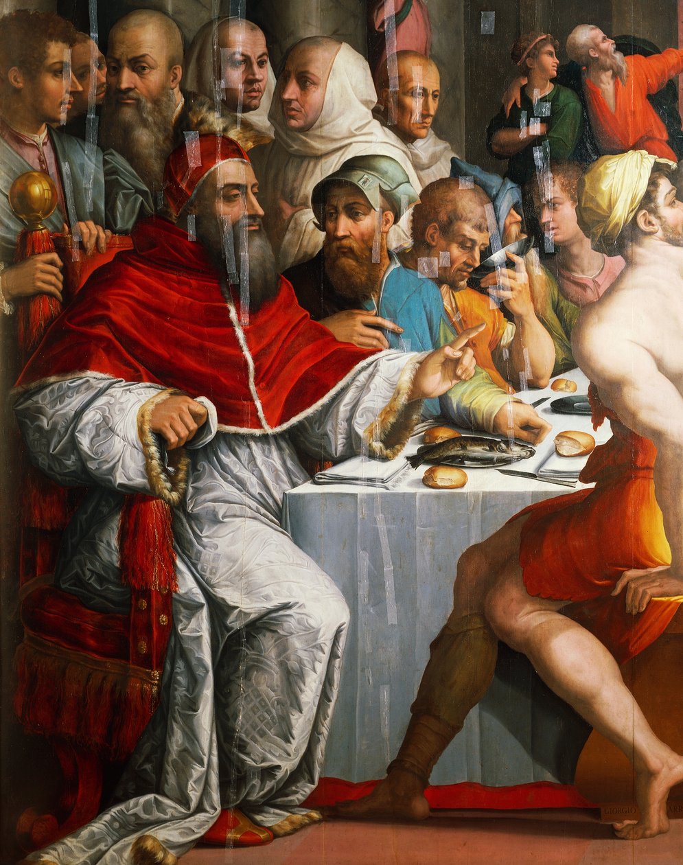 Papież Klemens VII w przebraniu San Gregorio, fragment z Kolacji św. Grzegorza Wielkiego autorstwa Giorgio Vasari