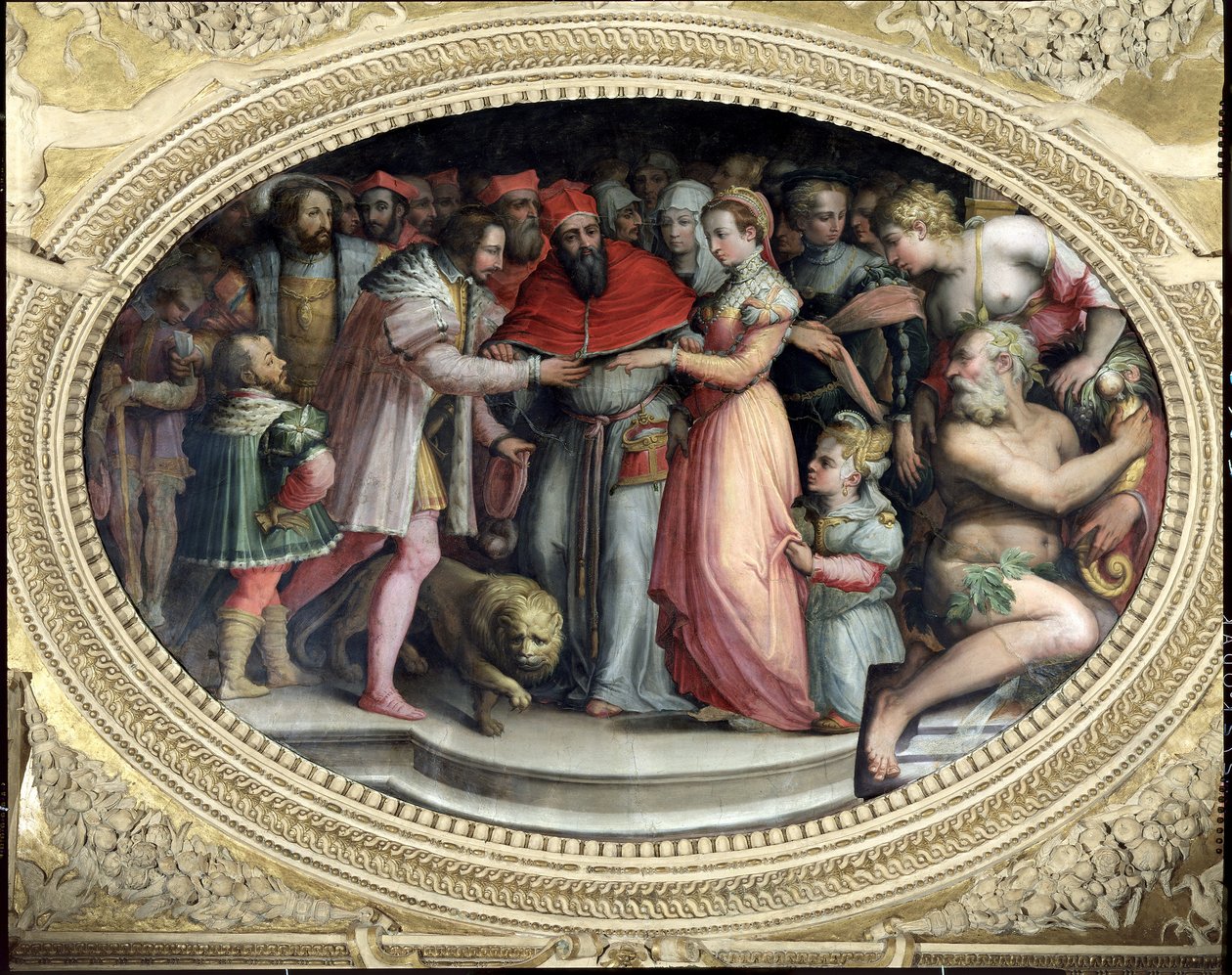 Papież Klemens VII poślubia Katarzynę Medyceuszy i Henryka II z Francji, 28 października 1533, z „Sala di Clemente VII” autorstwa Giorgio Vasari