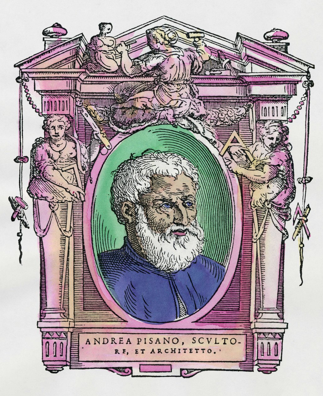Portret Andrei Pisano (1290-1349) włoskiego rzeźbiarza i architekta. Grawerowanie przysmaku „Życie najwybitniejszych malarzy, rzeźbiarzy i architektów” (Le Vite de