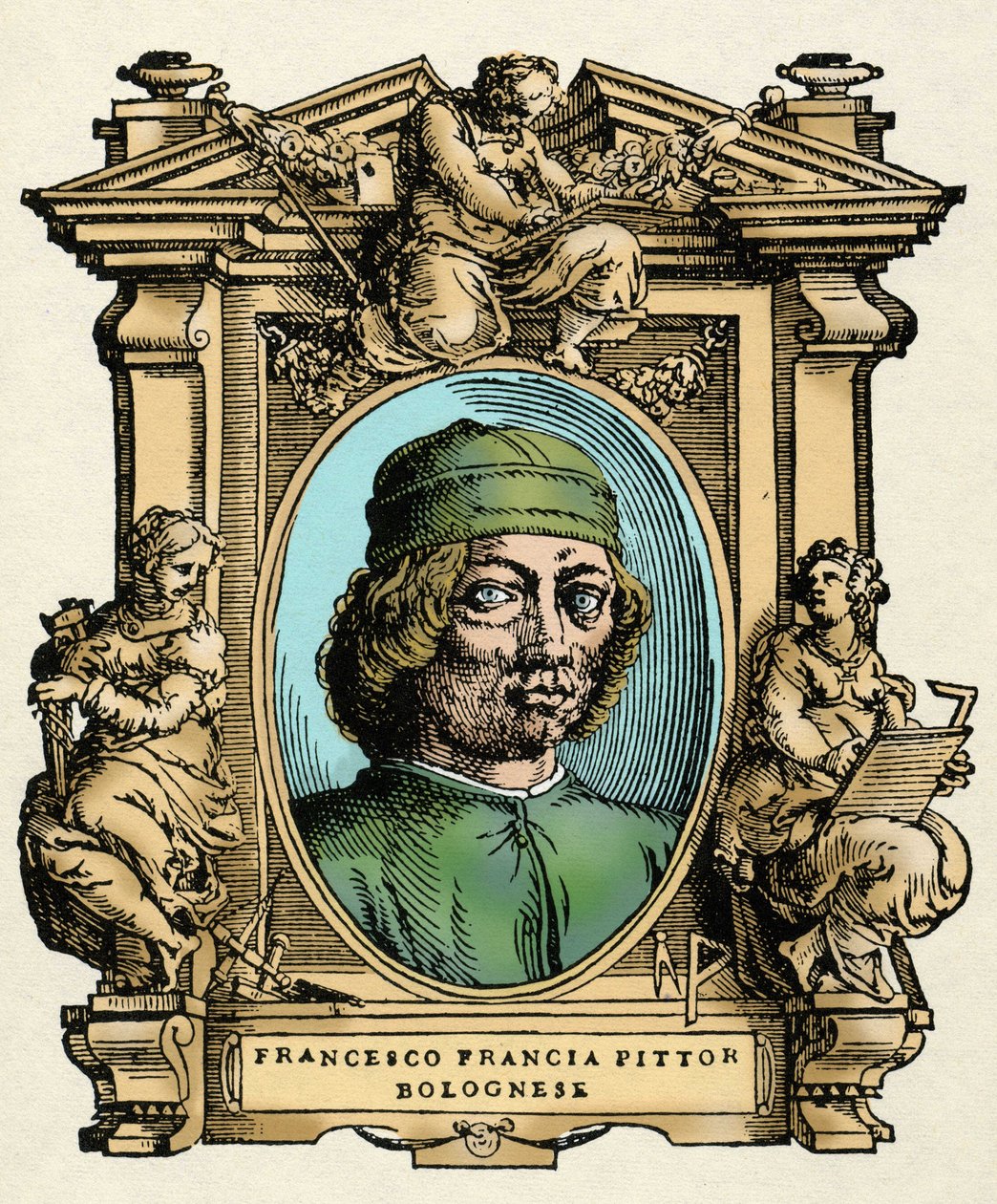 Portret Francesco FRANCIA (1450-1517) włoskiego malarza. Grawerowanie traktatu „„ Żywoty najwybitniejszych malarzy, rzeźbiarzy i architektów ”” (Le Vite de