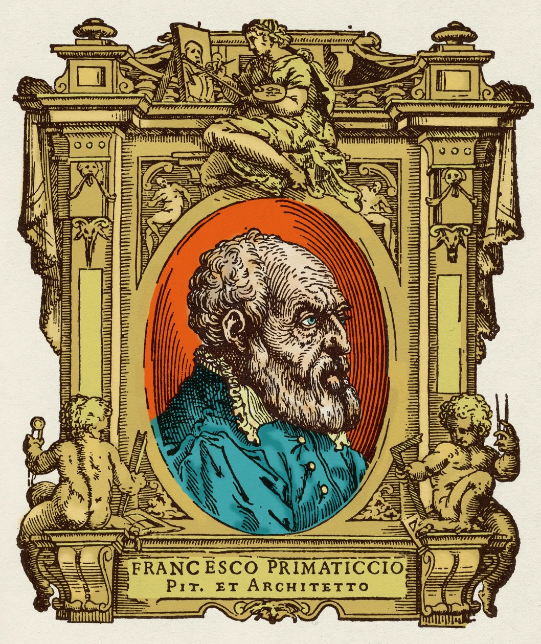 Portret Francesco Primaticcio zwanego Prymatykiem (1504-1570) malarza, rzeźbiarza i architekta. Był członkiem Ecole de Fontainebleau. Grawerowanie przysmaku „Życie najwybitniejszych malarzy, rzeźbiarzy i architektów”” (Le Vite de