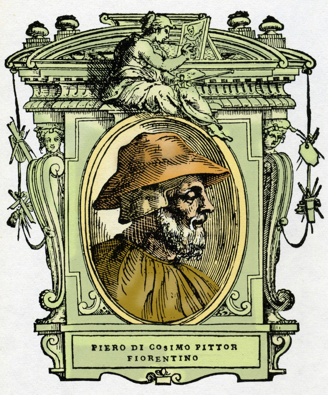 Portret Piero di Cosimo (ok. 1462-1521?), malarza florenckiego. Grawerowanie przysmaku „Życie najwybitniejszych malarzy, rzeźbiarzy i architektów”” (Życie najwybitniejszych malarzy, rzeźbiarzy i architektów) autorstwa Giorgio Vasari autorstwa Giorgio Vasari