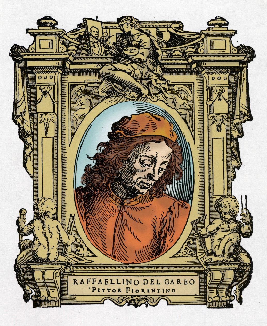 Portret RAFFAELLINO DEL GARBO (Raffaellino de Carli) (1466-1525) włoskiego malarza. Grawerowanie przysmaku „Życie najwybitniejszych malarzy, rzeźbiarzy i architektów”” (Życie najdoskonalszych malarzy, rzeźbiarzy i architektów) autorstwa Giorgio Vasara autorstwa Giorgio Vasari