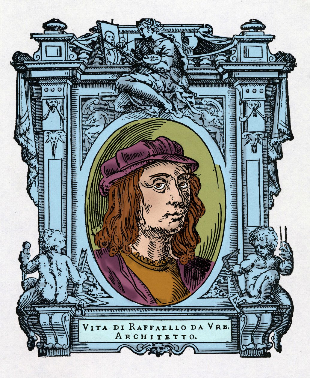 Portret Rafaela (Raffaello Sanzio 1483 - 1520) Włoski architekt i malarz. Grawerowanie przysmaku „Życie najwybitniejszych malarzy, rzeźbiarzy i architektów” (Le Vite de