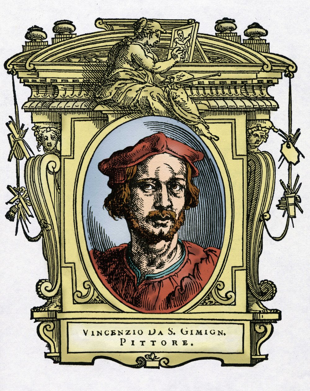 Portret Vincenzo TAMAGNIEGO (Vincenzo da San Gimignano) (1492-1530) włoskiego malarza. Grawerowanie przysmaku „Życie najwybitniejszych malarzy, rzeźbiarzy i architektów”” (Życie najdoskonalszych malarzy, rzeźbiarzy i architektów) autorstwa Giorgio Vasara autorstwa Giorgio Vasari