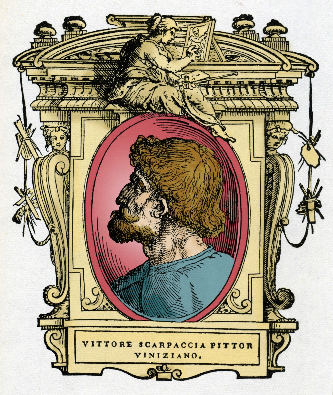 Portret Vittore Carpaccio (1460-1526) malarza weneckiego. Grawerowanie przysmaku „Życie najwybitniejszych malarzy, rzeźbiarzy i architektów”” (Życie najwybitniejszych malarzy, rzeźbiarzy i architektów) autorstwa Giorgio Vasari autorstwa Giorgio Vasari