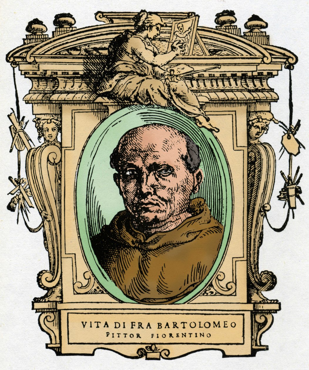 Portret florenckiego malarza Fra Bartolomeo (1473-1517) .. Grawerowanie przysmaku „„ Żywoty najwybitniejszych malarzy, rzeźbiarzy i architektów ”” (Życie najwybitniejszych malarzy, rzeźbiarzy i architektów) – Giorgio Vasari autorstwa Giorgio Vasari
