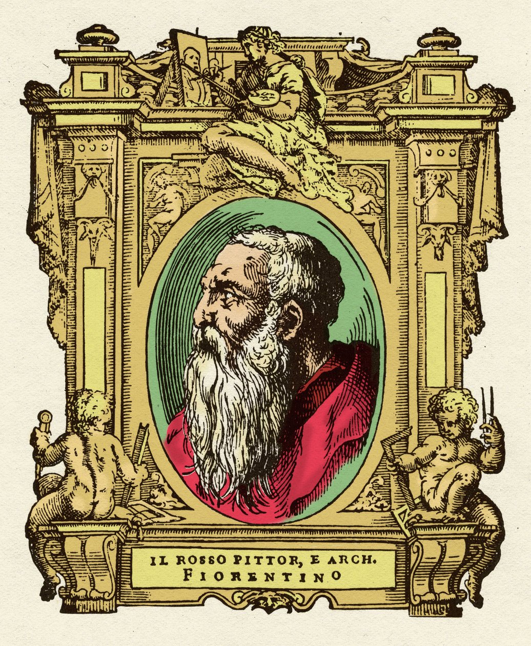Portret malarza Giovanniego Battisty di Jacopo (Rosso Fiorentino) (1495-1540). Był członkiem Ecole de Fontainebleau. Grawerowanie przysmaku „Życie najwybitniejszych malarzy, rzeźbiarzy i architektów”” (Le Vite de
