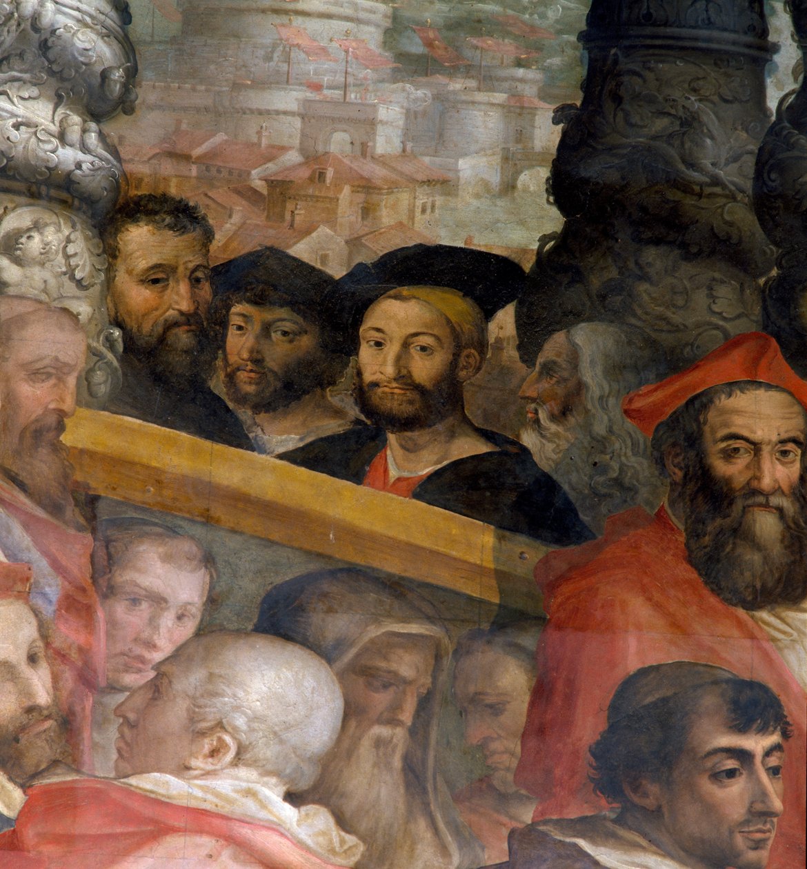 Portrety Michała Anioła, Lorenza de „Medici, księcia Urbino, Giuliano dei Medici i Leonarda da Vinci, fragment z „Papież Leon X wybiera wielu kardynałów”, 1553-85 autorstwa Giorgio Vasari
