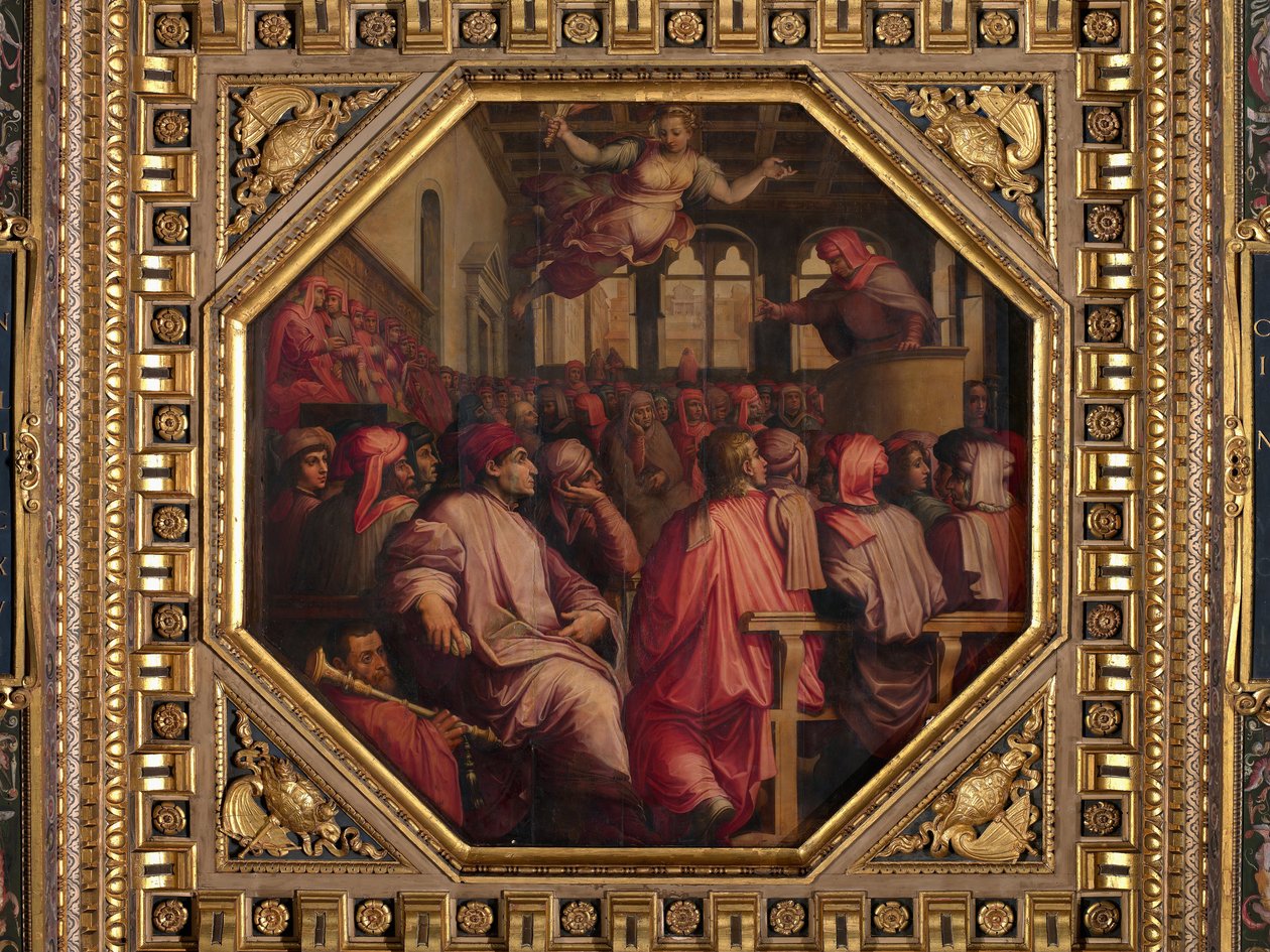 Przemówienie Antonio Giacominiego na temat wojny przeciwko Pizie w Sala dei Duecento autorstwa Giorgio Vasari