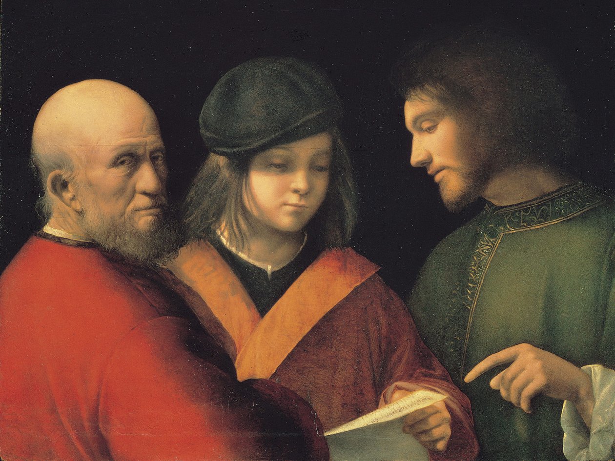 Trzy wieki człowieka czytającego piosenkę, c. 1501 autorstwa Giorgione da Castelfranco