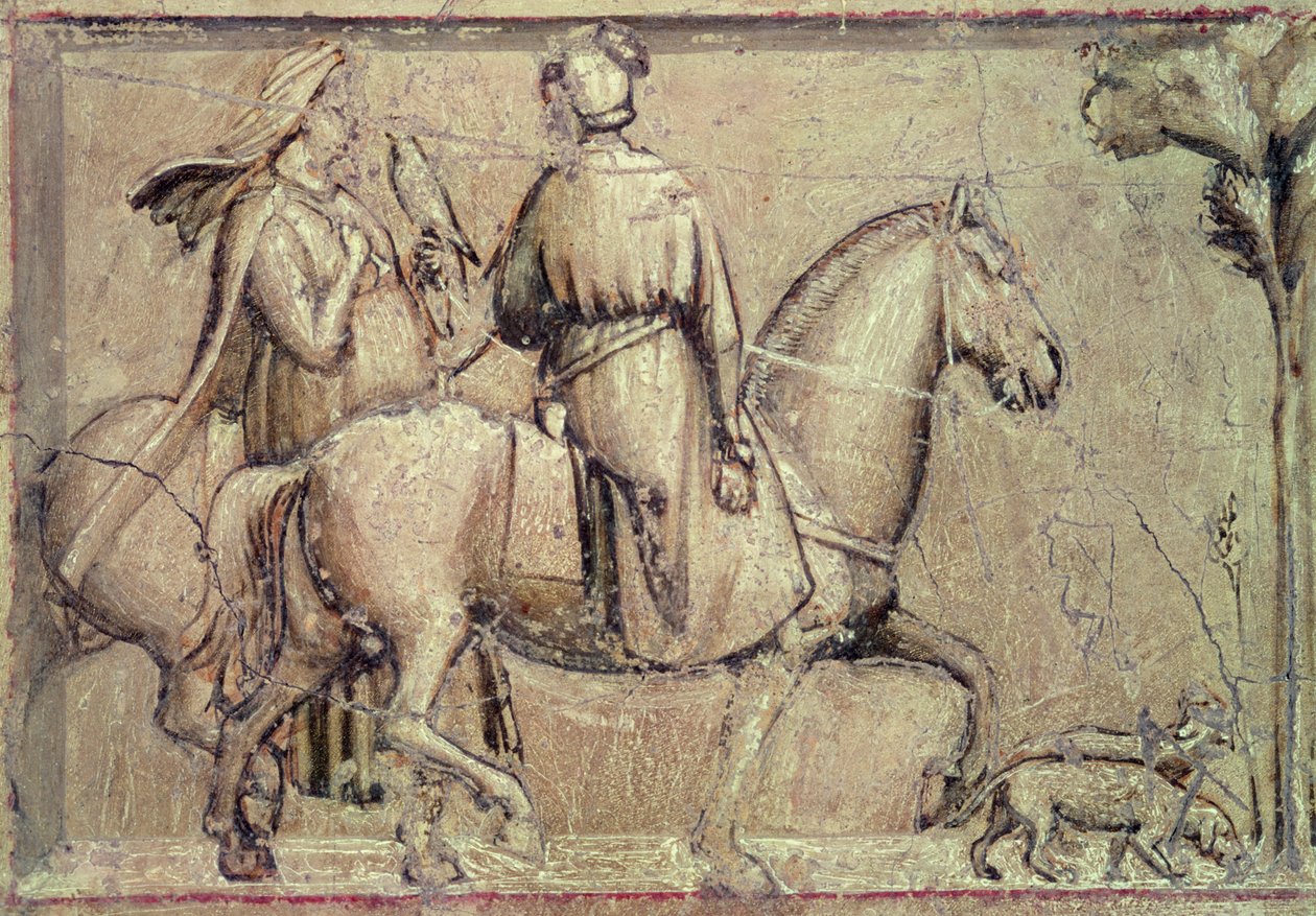 Alegoria Sprawiedliwości, przed restauracją (fragment dwóch jeźdźców wyruszających na polowanie z sokołem), 1305 autorstwa Giotto di Bondone